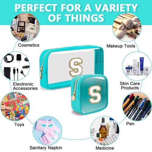 2pcs Personalized Initial Letter Clear Makeup Bag | Waterproof Nylon Preppy Cosmetic Bag | Travel Toiletry Bag | Monogrammed Gifts for Women Girl | Wedding Bridal Shower Gifts for Bridesmaids(Blue R)