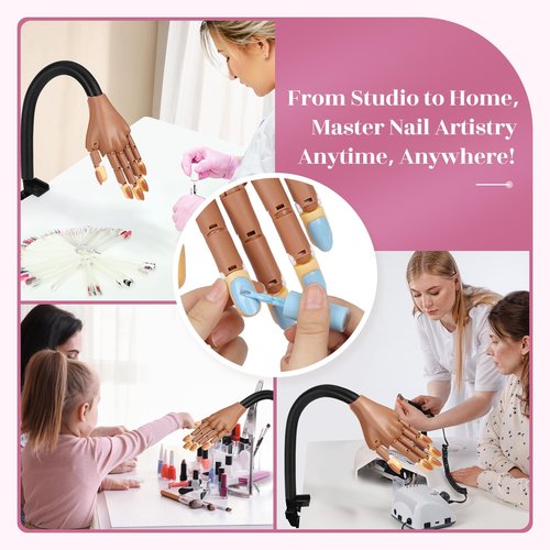 LIONVISON Practice Hand for Acrylic Nails: Magnetic Manicure Fake Nail Training Hand with Flexible Detachable Hand & 100 Strengthen Nail Tips for Nail Beginners (Brown)