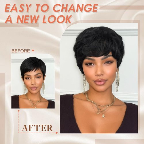 PEACOCO Short Pixie Cut Wig Human Hair for Black Women With Bangs Layered Wavy Wigs Glueless Human Hair Wear and Go Natural Black 1B