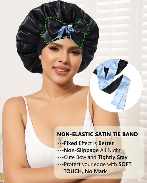 Satin Hair Bonnets for Women Curly Hair Wrap Reversible Bonnet with Tie Band Night Cap Double Layer Sleep Cap in Black + Blue