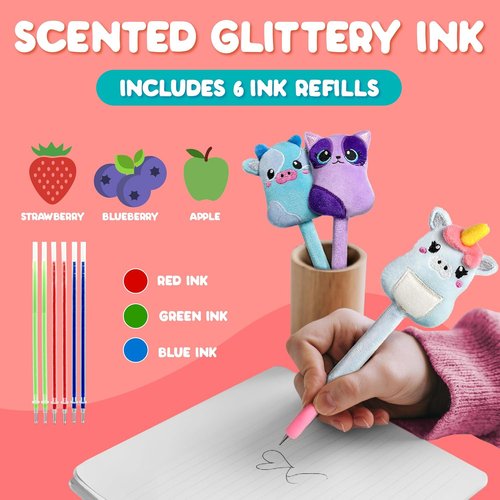 BUNMO Plush Cute Pens 3-Pack - Squishy Animal Designs with Scented Glitter Ink Refills | Cat, Cow, Unicorn
