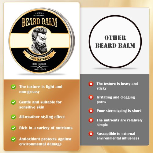 Beard Balm for Men, 100% Natural with Shea Butter, Argan Oil, Jojoba Oil, Vitamin E - 3.53OZ Conditioner Softener Moisturizer