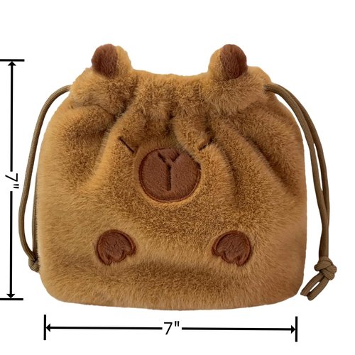 CECKQUE Cute Capybara Fluffy Makeup Bag With Drawstring and Shoulder Straps, Small Plush Animal Cosmetic Pouch Bag Gifts for Women (Brown)