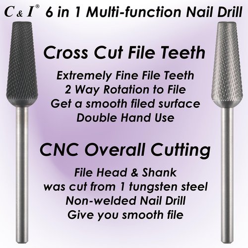 C & I Nail Drill Bit 6 in 1 Multi-function Rounded End E-file, Diamond Coat, CNC Overall Cut Nail Tools for Nail Techs Quick Remove Acrylic Nail Gels & Nail Art (Special Coat, Double Fine -XXF)