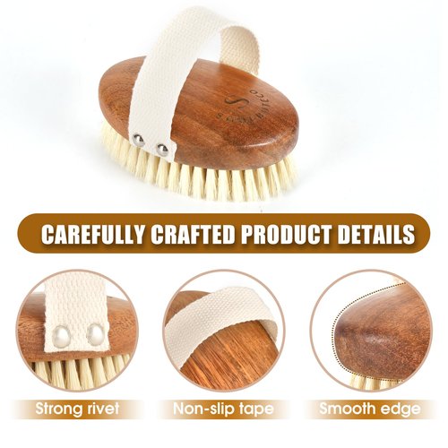 SAMEBUTECOBody Brush Solid Acacia Wood Boar Bristles Bath Brush for Skin Exfoliation,Lymphatic Drainage Improvement Oval Shape Dry Brush Comfort to Hold Works