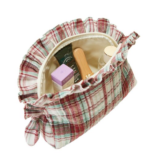 aokansha Ruffle Makeup Bag for Women Travel Toiletry Bags Scottish Buffalo Plaid Cosmetic Bag Storage Pouch Quilted Organizer Bag