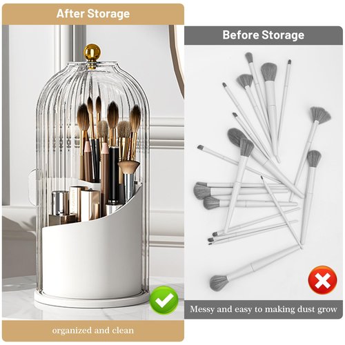 Ezebesta 1PCS Makeup Brush Holder Organizer with Clear Lid 360 Rotating Sliding Opening Dustproof Brushes Container for Vanity