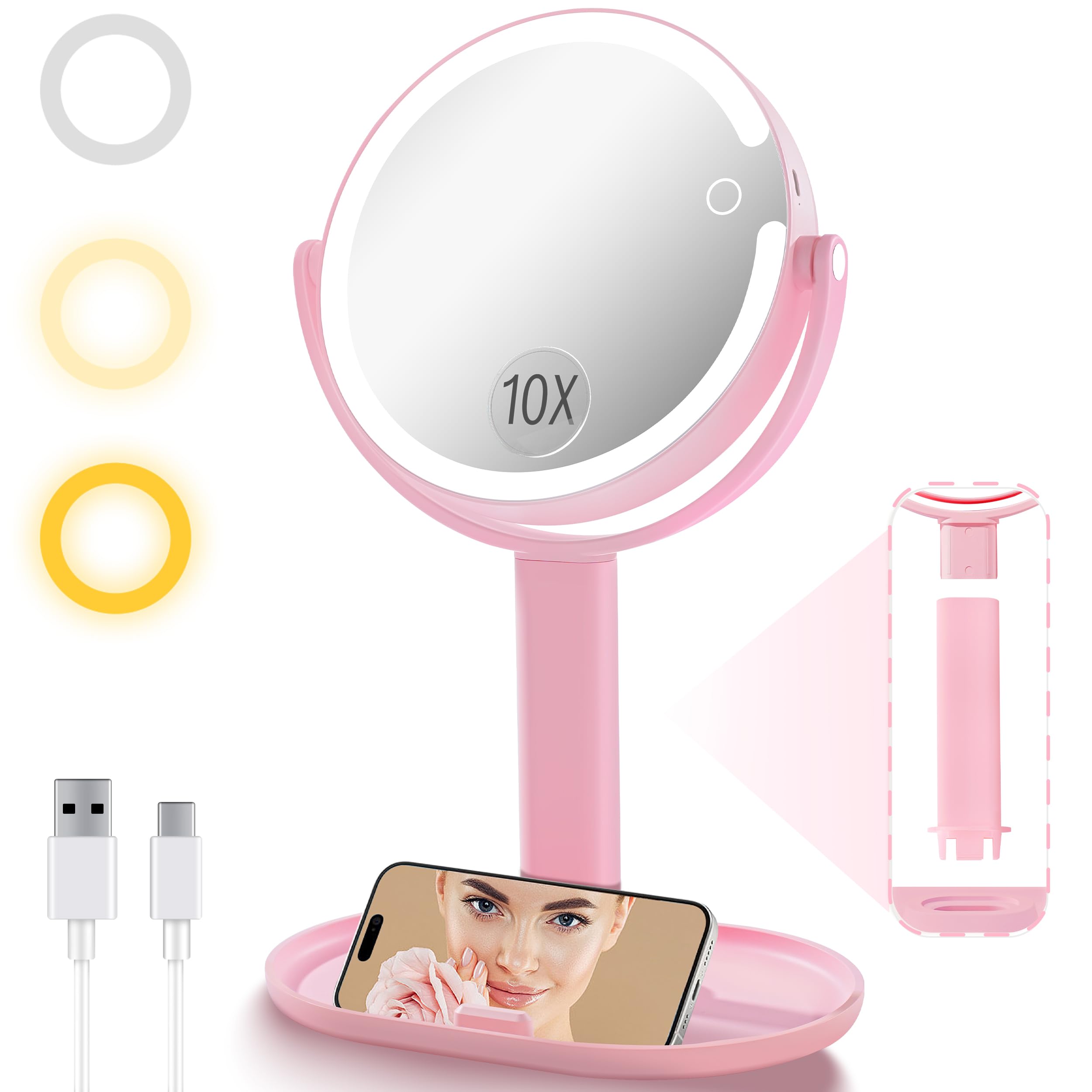 vpu Vanity Makeup Mirror with Lights, 10X/1X Double Sided Magnifying Light up Desk Mirror with Stand Cosmetic Organizer, 3 Color Brightness Adjustable 360° Rotation Detachable for Travel
