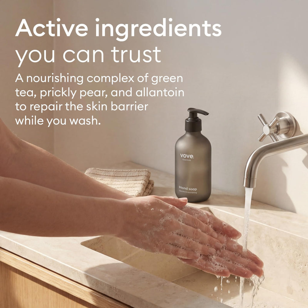 Vove Hand Soap Starter Set with Refillable Light Glass Pump Bottle & 3 Refills, Mandarin Geranium & Cedarwood, Powder-to-Gel with Aloe Vera & Cactus Extract, Plant-Based Formula, Plastic-Free