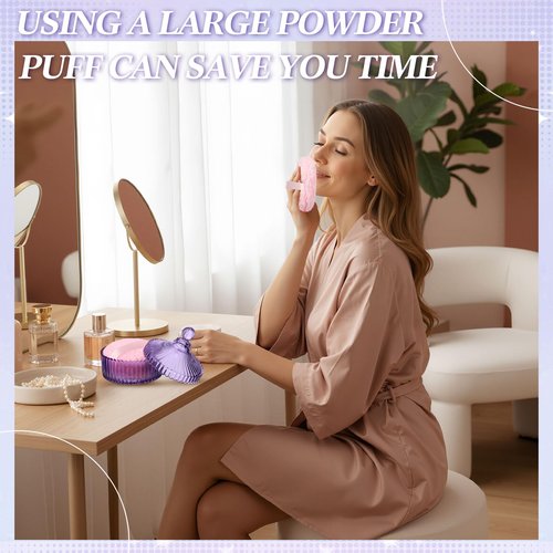Ferrochef Extra Large Body Powder Puff and Container, 5.5'' Crystal Container with 5.3'' Oversize Dust Powder Puff Washable Reusable Face Body Glitter Wet Dry Makeup for Women(Purple)