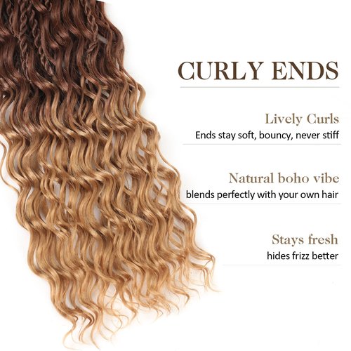 Boho lsland Twist Crochet Hair 24 Inch 8 Packs Ombre Auburn Blonde Pre-Looped Senegalese Twist Crochet Braids with Curly Ends Synthetic Goddess Twist Crochet Hair for Black Women (1B/30/27 24 INCH）
