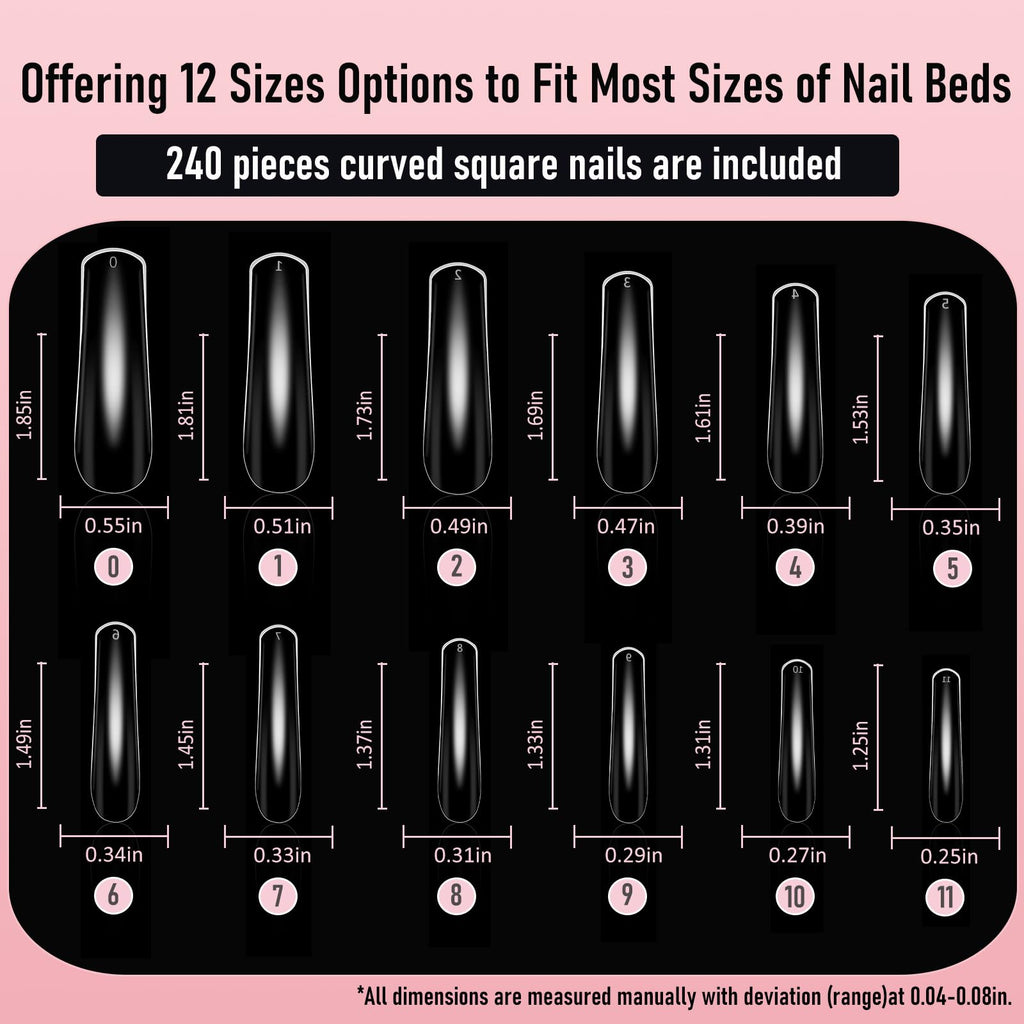 Wellquinn Curved Square Nail Tips Press on Full Cover Nails, Extra Curve Clear XXL Square Nail Tips Long XL Acrylic Fake Nails Extension, French False Nail 12 Sizes 240pcs