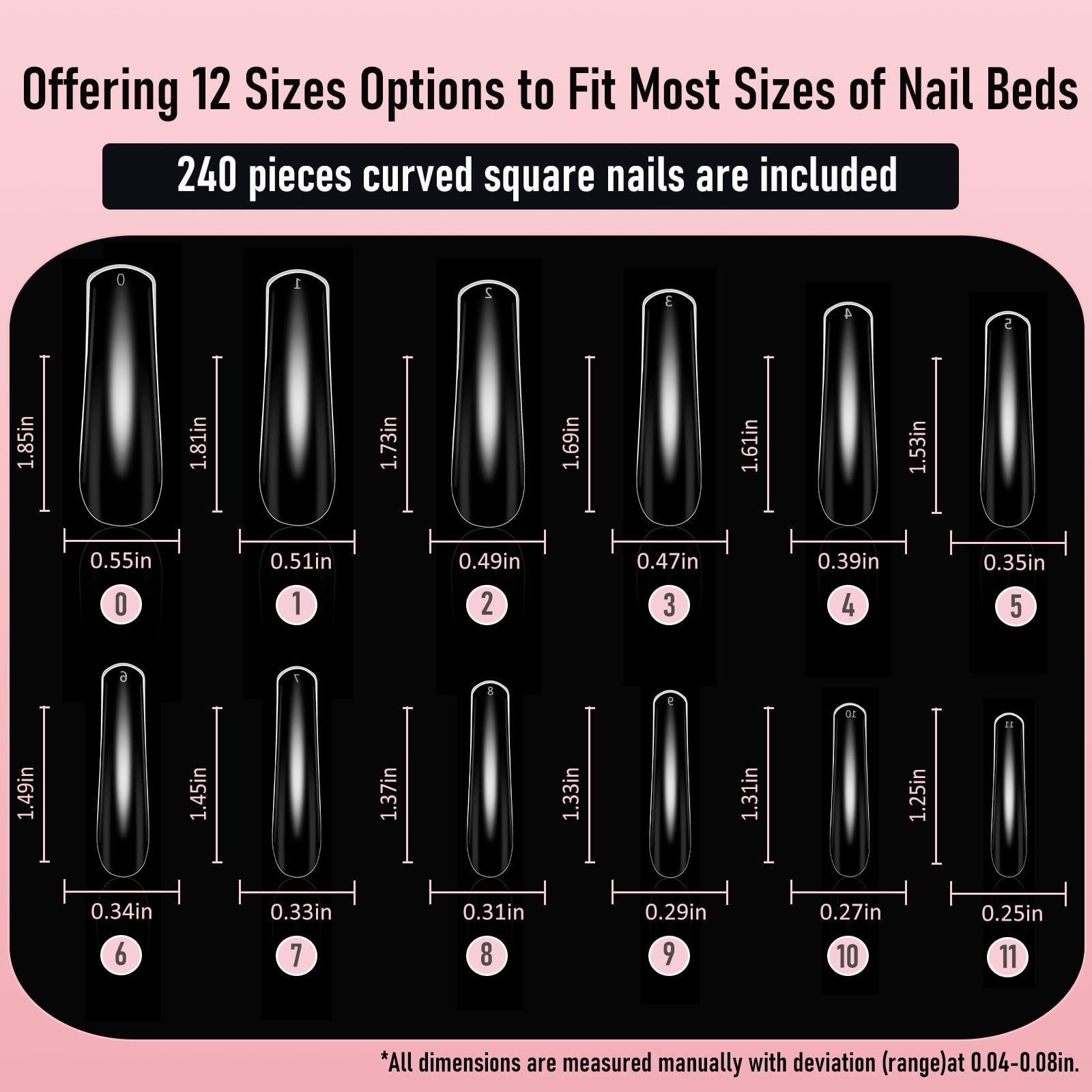 Wellquinn Curved Square Nail Tips Press on Full Cover Nails, Extra Curve Clear XXL Square Nail Tips Long XL Acrylic Fake Nails Extension, French False Nail 12 Sizes 240pcs