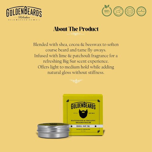 Golden Beards Organic Beard Balm - Shea, Cocoa & Argan Butter Blend with Lime & Patchouli | 60ml Vegan Softener