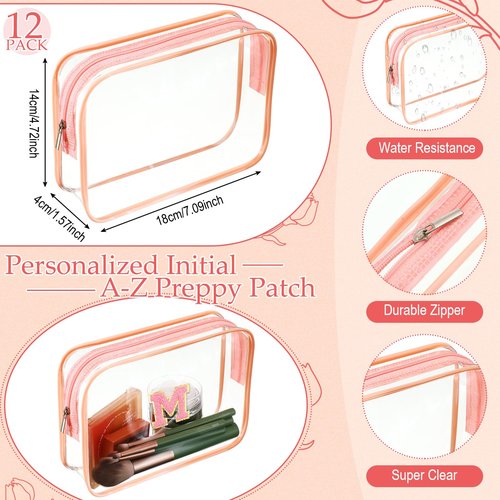 Huhumy 12 Personalized Initial A-z Preppy Patch Clear Makeup Bag Initial Letter Beach Travel Toiletry Cosmetic PVC Bag DIY Chenille Letter Patches Easter Exchange Gifts(Pink, Pink Letters)