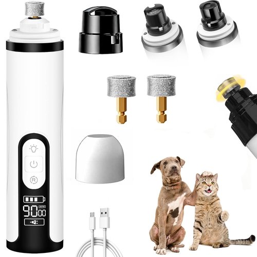 Rercarre Nail Grinder, Upgraded Silent Dog Nail Grinder, Cordless Grooming Pro Nail Grinder with 3 Adjustable Speeds & Led Light Pet Nail Grinders for Dog Cat Home Use(1pc+2 Heads)
