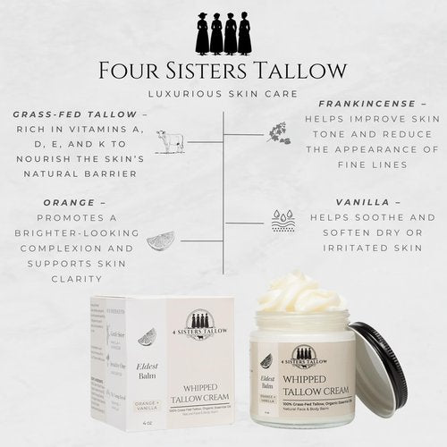 100% Grass Fed Beef Tallow For Face & Skin - All Natural Tallow Face Cream - Whipped Moisturizer Lotion - Made in USA - 100% Organic Oils - Lrg 4 Fl Oz - Eldest Balm (Orange, Vanilla & Frankincense)
