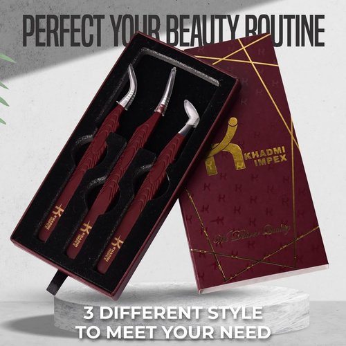 Eyelash Extension Tweezers, KHADMI IMPEX Fiber Tip Lash Tweezers - Set of 3 Eyelash Tweezers - Straight and Curved And Volume Eye Lash Tweezers for Extensions (Maroon)