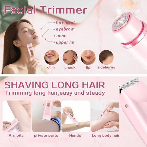 2 in 1 Bikini Trimmer for Women, Dual Head Electric Shaver with LED Display, IPX7 Waterproof Body Pubic Hair Trimmer Rechargeable Womens Electric Razor for Armpit Leg Body Facial Wet & Dry Use