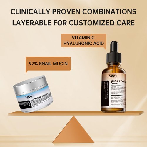 VGO Skin Care Set, with Snail Mucin 92% Moisturizer 1.76 Oz & Vitamin C Face Serum 1.01 Oz, Daily Hydrating & Firming Skincare Routine Kit for All Skin Type