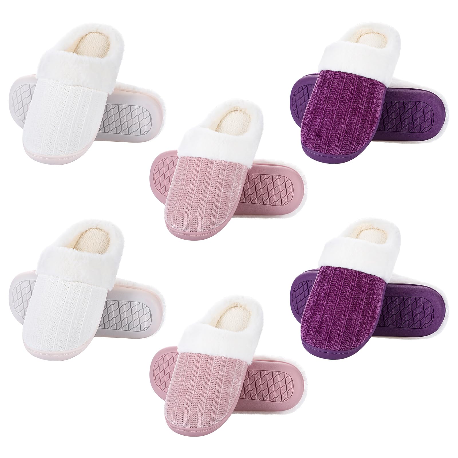 Yearntown 6 Pairs 3 Pairs 6 Pairs Warm Fuzzy House Slippers for Women Size 7-8 8-9 with Thick Anti-slip Soles Winter Fluffy Indoor Outdoor Knit Plush Soft Slipper Shoes Pink Purple White (Size 7-9)