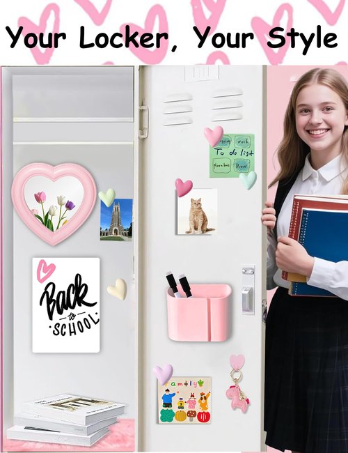 Dizgyuwei Heart Magnetic Locker Mirror for Girls, 6.9"x7.3" Real Glass Mirror Magnetic for School Locker, Locker Accessories Makeup Mirror for Bathroom Fridge Office Cabinet Gym (Pink)
