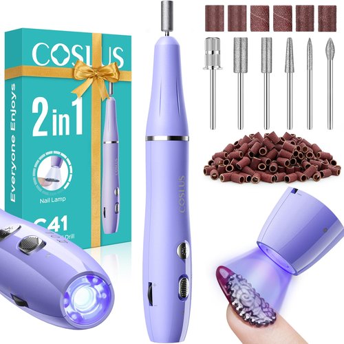 COSLUS Cordless Nail Drill Electric C41(END04): 2-in-1 Nail File with Flash Cure for Acrylic Gel Dip Powder Nails, Stepless Control for Beginner Home DIY, Portable & Professional Pedicure Kit