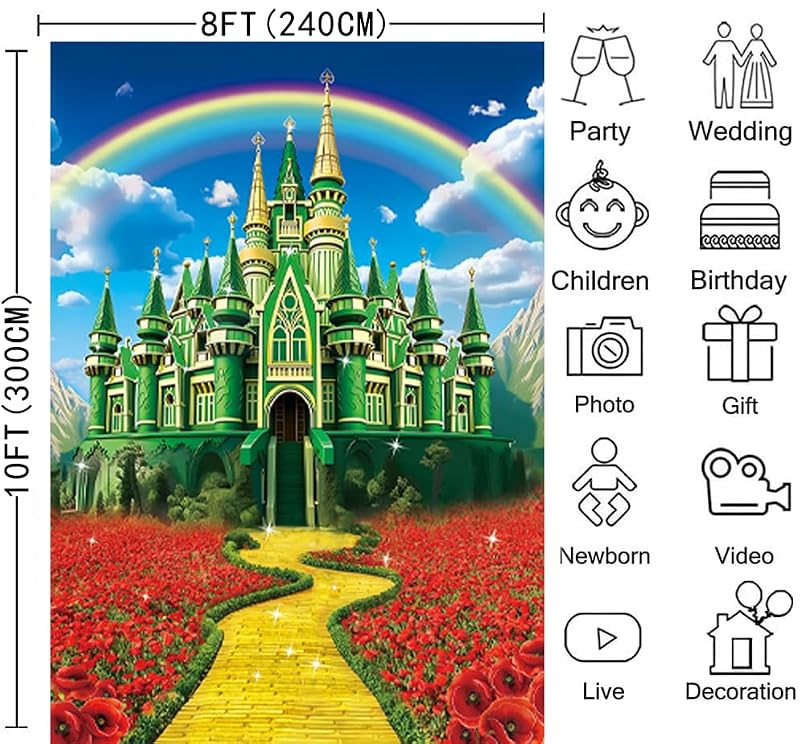 8x10FT Rainbow Floral Castle Backdrop - Green Castle Yellow Brick Road Photography Background for Party and Events