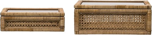 Creative Co-Op Woven Rattan and Wood Display Boxes - Modern Decorative Set of 2 with Glass Top, Natural Finish