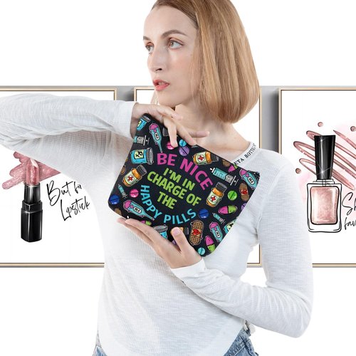 G2TUP RX Pharmacy Technician Funny Makeup Bag I am in Charge of the Happy Pills Gift for Pharmacy Graduation (Be Nice I am New)