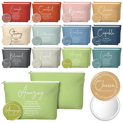 Geelin 24 Sets Christian Gifts Bulk Religious Canvas Makeup Bags with Bible Verse and Compact Mirrors Inspirational Gift for Women Teacher Staff Coworker Church Ladies Easter Holiday Gifts (Classic)