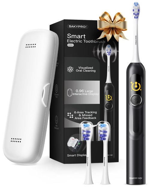 SAKYPRORAL AI Electric Toothbrush with Smart Display for Adults Kids | 150-Day Rechargeable Toothbrush, Real-Time Map |3-Min Timer, Travel Case | Teens Sonic Toothbrush Gift (G5S Black)