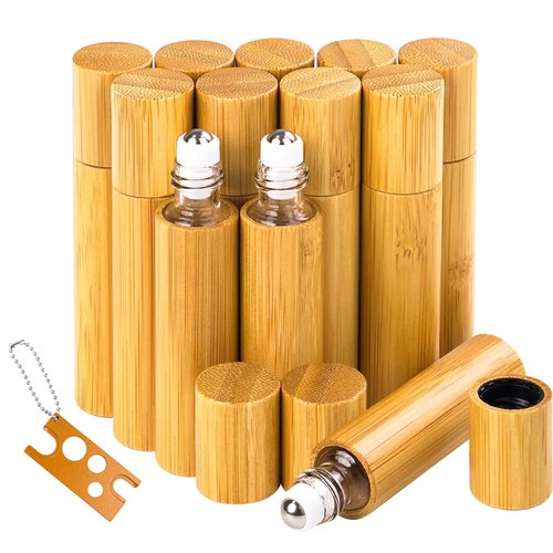 AUHOKY 12Pcs Bamboo Roll on Bottles for Essential Oils, Portable Massage Oil Bottle with Stainless Steel Roller Ball, Reusable Travel Perfumes Sample Lip Gloss Container (1 Opener) (10ML)