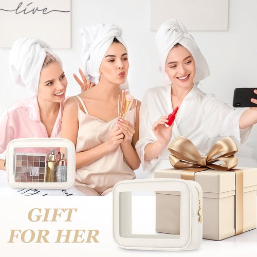 Abbylike 3 Pcs Clear Makeup Bags Car Cosmetic Bag with Zipper Nylon PVC Travel Toiletry Pouches Gifts for Women, Bridesmaid, Mom, Wedding Birthday Party Supplies(Cream White)