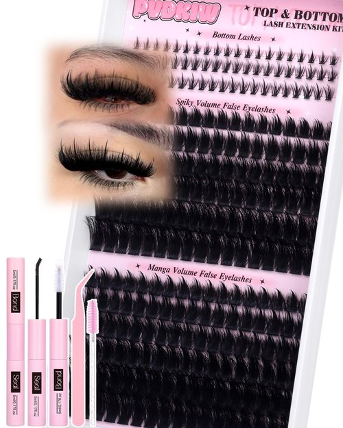 PVDKIW Fluffy Lash Clusters Kit with Bottom Lashes Spikes Eyelashes Manga Eyelash Clusters 12-22MM Volume Lash Extension Kit with Bond and Seal Lash Glue Lash Tweezers DIY at Home for Beginner