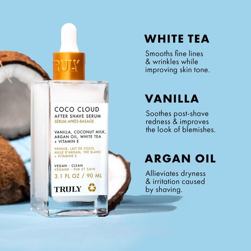 Truly Beauty Coco Cloud After Shave Serum - Alleviates Post Shave Dryness, Ingrowns with Argan Oil, Vanilla & Coconut - After Shave Oil for The Whole Body - 3 Fl Oz