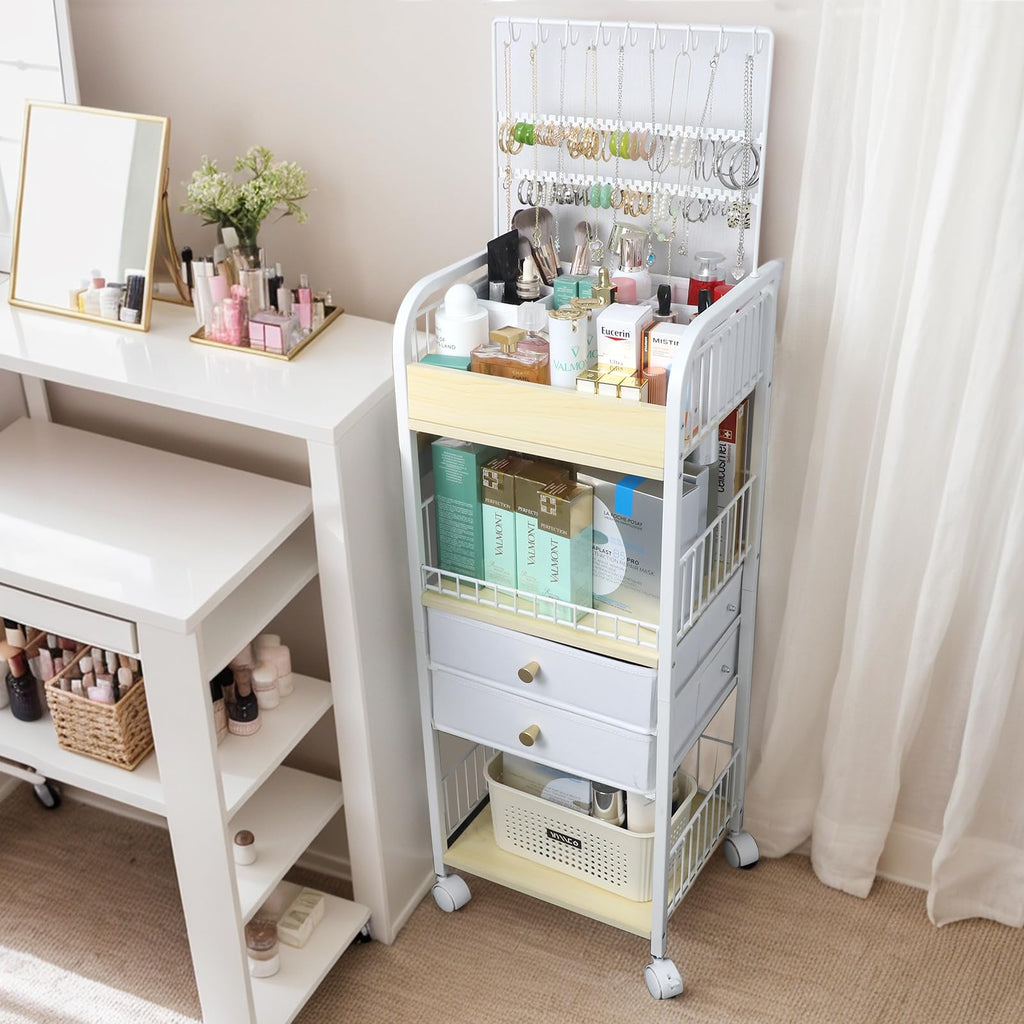 YGJT Makeup Organizer, Floor Skincare Cosmetics Organizer with Drawers, Jewelry Organizers and Storage for Earring Necklace, Vanity Organizer for Skin Care Perfume Makeup Brush Nail Polish Hair Tool