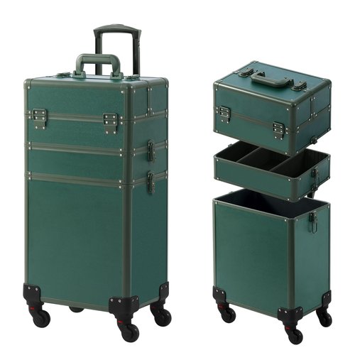 Somduy Makeup Train Case, Rolling Makeup Case, 3 in 1 Cosmetology Case on Wheels, Christmas Gift, Large Makeup Case Organizers, Profesional Cosmetic Case for Salon Barber, Green