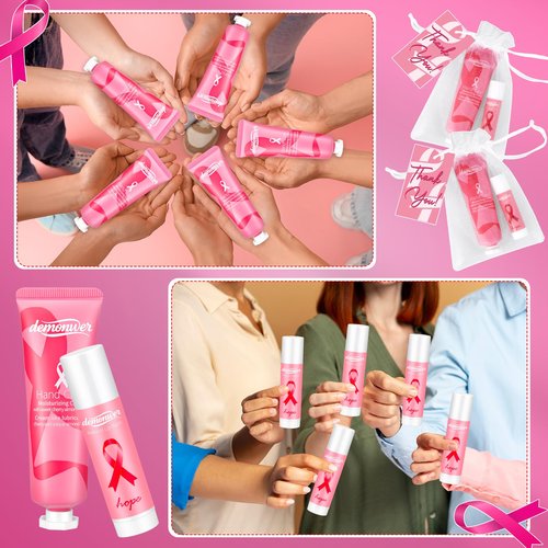 20 Sets Breast Cancer Awareness Favors Pink Ribbon Hand Cream Lip Balm with Thank You Cards Organza Bags Awareness Gifts for Women Nurse Breast Cancer Charity Event Survivor Campaign Party Favors