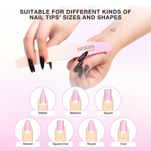 Curacoro 10 PCS Nail File - Professional Half-Moon Nail Files Double Sided Emery Board (180/240 Grit), Washable Nail Files and Buffers, Smooths & Shapes Nails, Manicure & Pedicure Buffing Tools