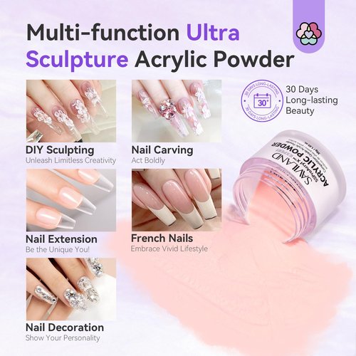 SAVILAND Acrylic Powder: 4PCS 1oz 30g Clear White Nudes Pink Colored Keratin Acrylic Nail Powder Set Professional Nail Powder for Extension 3D Carving