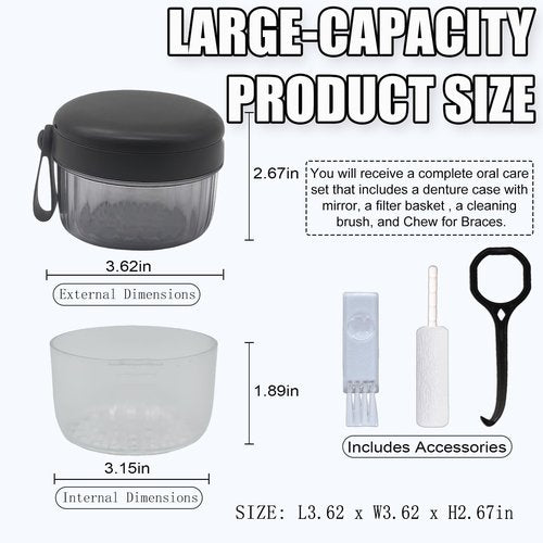 Denture Case, Leak-Proof Denture Bath Cup for Travel, Large-Capacity Denture Storage Cup, Comprehensive Cleaning Kit for Dentures, Retainers and Night Guards
