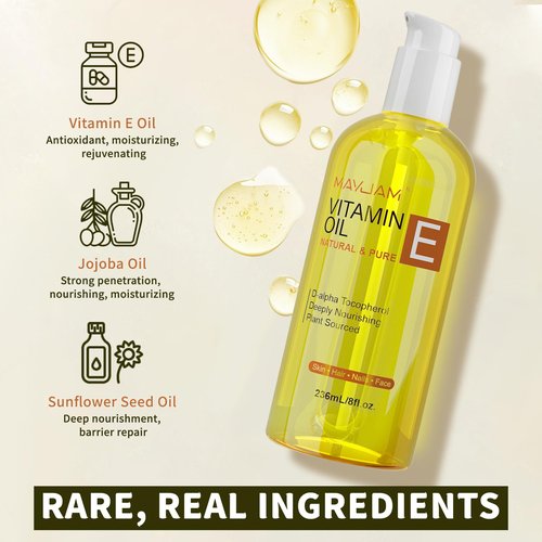MAYJAM Organic Vitamin E Oil 50,000 IU for Skin, Pure & Natural Vitamine oils for Scars Hair, Face, Nail, Scalp Bath and Body Oil, Tocopherol to Repair Damaged Skin, Moisturizing Dry Skin, 8 Fl Oz