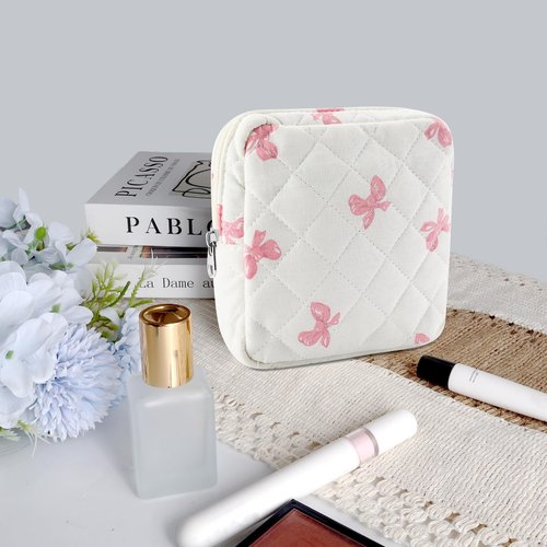 Tmtains Small Quilted Cotton Makeup Bag for Purse Mini Cosmetic Period Bag for Women Cute Pink Bow Makeup Sanitary Pouch Portable Travel Toiletry Bags with Zipper Valentine Birthday Gifts