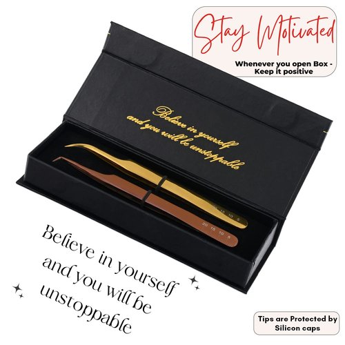 My Lash Tools - New Fiber Tip Lash Tweezers for Eyelash Extensions Tweezers SET OF 2 Mini Isolation & Microgrip Tip Curved Volume Tweezers Japanese Steel Lashing Tweezer (Gold & Rose Gold Set)