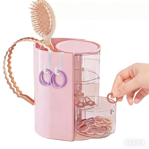 Lukzeezo Hair Accessories Organizer with 2 Hooks,3-Layer Rotatable Hair Tie Organizer With Hair Brush Holder,Makeup Brush Holder For Hair Ties,Hair clips,and Hair bows (Pink)