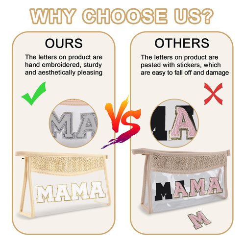 Iqimott Clear Patch Makeup Letter Bag, Boho Letter Bag for Beach Swim, Waterproof Zipper Make up Bags Toiletry Pouch for Women Girls, Clear Letters Patch Cosmetic Bags for Travel(Mama, Beige)