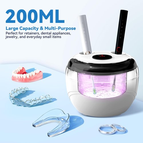 Hosoote Ultrasonic Retainer Cleaner Machine - 45kHz Dental Cleaning Pod for Denture, Mouth Guard, Aligner, Night Guard, Braces, Retainers & Jewelry - Denture Cleaner with 4 Modes & Digital Timer