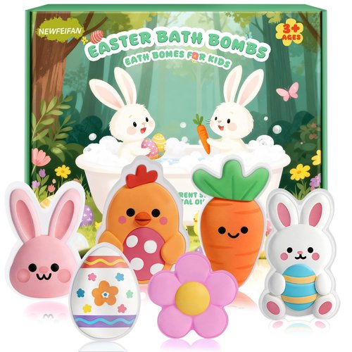 Easter Bath Bombs for Kids, 6 Piece Bath Bomb Toys for Children, Bunny, Chicken & Egg Shapes, Gentle Handmade Safe Fizz Balls, Perfect Easter Basket Stuffers & Party Favors for Boys & Girls