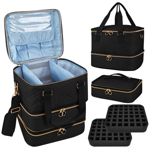 Cheungren Nail Bag Organizer Case - Three Layer Nail Polish Storage Bag with Adjustable Dividers Holds 84 Bottles Nail Polish Nail Lamp Nail Kit Supplies Organizer Box - Black